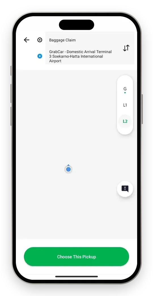 Grab app screen recording: choosing between several GrabCar pickup points at Soekarno-Hatta Terminal 3, then indoor navigation across floors with walking time and distance to each pickup point